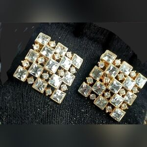80s Glam Oversized Vintage Square Rhinestone Clip-on Earrings